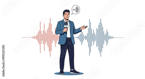 Journalist reporting live with sound waves and microphone, news broadcast concept