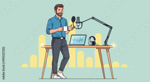 Man Podcasting with Microphone and Laptop, Holding Coffee Cup