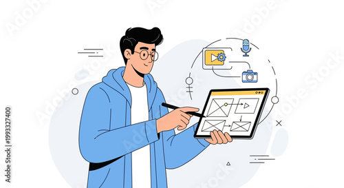 Man designing user interface on tablet, UI/UX design, wireframing, digital creation