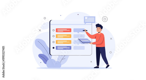 Man creating a project plan on a digital board with colorful tasks and sticky notes