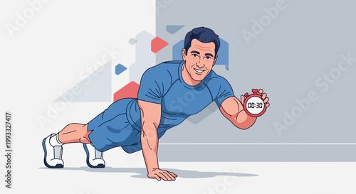 Man doing plank exercise with stopwatch, fitness and workout concept