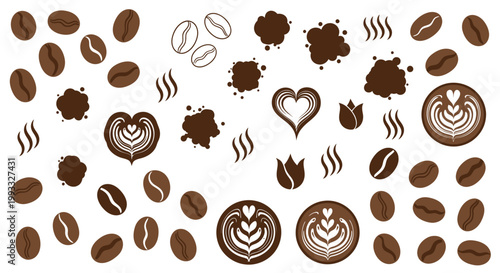 Flat Vector Illustration Set of Coffee Elements with Roasted Beans Latte Art Hearts Steam Icons and Splatters Isolated on White Background for Cafe Branding