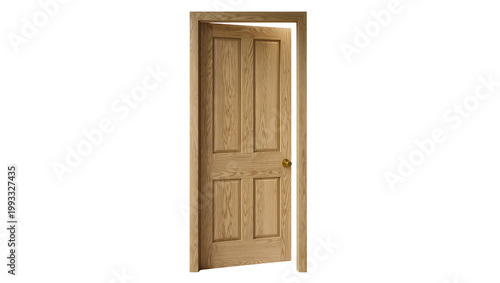 Wooden paneled door ajar revealing bright interior light