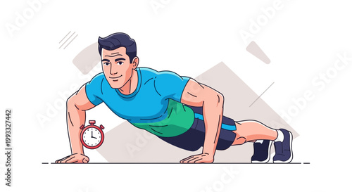 Man doing push-ups with stopwatch, fitness and exercise concept