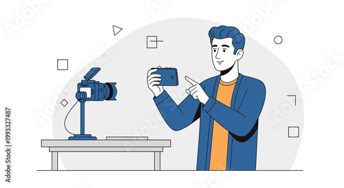 Man filming himself with camera, vlogging, content creation, technology, modern lifestyle