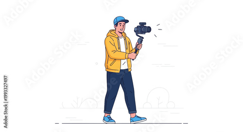 Man filming with gimbal camera, vlogging, content creation, outdoor lifestyle
