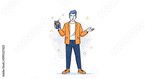Man holding voice recorder, podcasting, audio recording, content creation, modern illustration