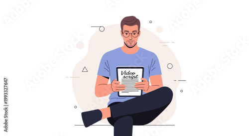 Man holding tablet with video script, planning content creation, remote work concept