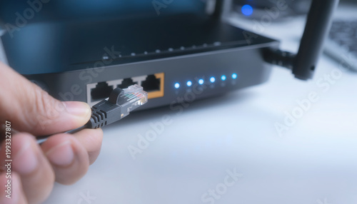 Business biophilic design concept shows hand plugging network cable to wireless router symbol for modern cybersecurity focus