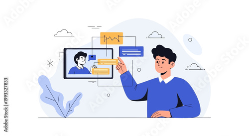 Man Interacting with Digital Interface, Online Communication and Data Analysis Concept