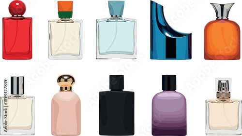 Colorful Perfume Bottle Vector Icon Collection with Various Shapes Caps and Liquids for Fragrance Beauty Cosmetic Brand and Luxury Product Design