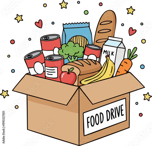 Food Drive Donation Box with Groceries and Canned Goods Cartoon Vector Illustration Isolated