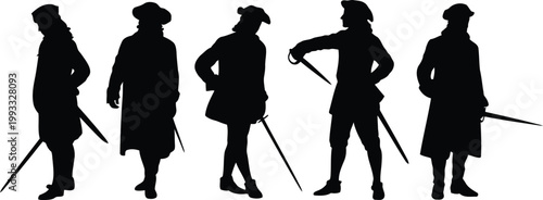 Historical men in silhouette wearing vintage clothing with swords standing in various poses