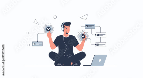 Man Meditating with Headphones, Laptop, and Flowchart - Remote Work Concept