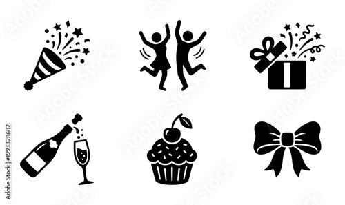 Celebration party icon set with 6 black vector symbols, birthday event elements including champagne and gift box, festive holiday graphics