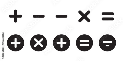 Mathematical symbols plus minus multiply and equals icons in circles representing arithmetic operations calculation addition subtraction multiplication.