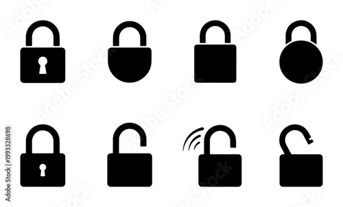 Black padlock icon set, 8 security lock symbols in vector format, locked and unlocked padlock silhouettes for data protection and privacy
