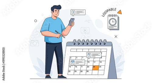 Man planning schedule on phone near calendar and loopable clock icon