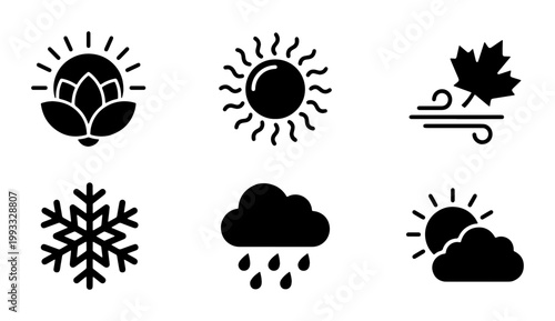 Weather icon set with black solid glyphs, meteorology symbols for sun and rain, seasonal climate vector collection for mobile apps and web design