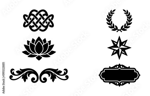 Vintage decorative design elements set, black ornamental vector icons with lotus flower and laurel wreath, elegant filigree borders and celtic knot