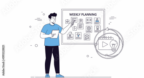 Man planning weekly tasks on a whiteboard with icons and a lightbulb idea symbol