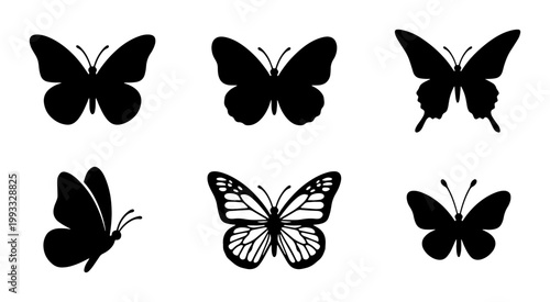 Black butterfly silhouette collection, set of 6 decorative insect icons, minimalist monarch and swallowtail wing shapes, flat vector nature elements