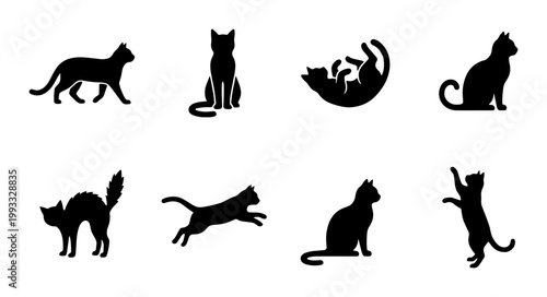 Black cat silhouette collection, set of 8 feline vector icons in various poses, domestic cat shapes for pet branding and animal graphics