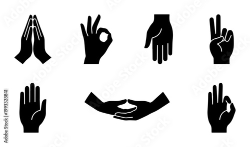 Yoga Mudra Hand Gestures Set, Black Silhouette Meditation Hand Icons, Spiritual Zen Finger Positions for Wellness and Mindfulness Graphics