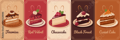 Vintage Dessert Banner Set with Tiramisu, Red Velvet, Cheesecake, Black Forest and Carrot Cake Illustrations