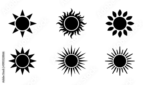 Minimalist sun icon set, black silhouette solar symbols, collection of 6 vector sunburst shapes, decorative celestial weather elements for logo design