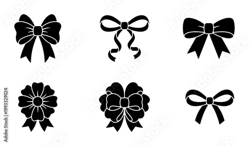 Black ribbon bow silhouettes set, 6 decorative gift bow icons, elegant satin ribbon knots for wedding invitations and holiday gift wrapping graphics