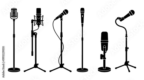 Professional microphone silhouette set, 6 studio mic icons on stands, vintage and modern audio equipment collection, podcast and music recording gear vector
