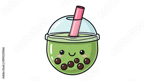 Cute, cartoon-style green drink in a cup with a straw and smiling face