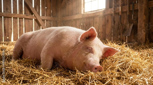 Pink Pig Resting Comfortably on Hay in a Rustic Barn with Sunlight.