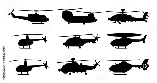 Military helicopter silhouette set, 9 aircraft vector icons, black chopper transport collection, emergency and combat aviation graphics