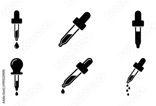 Minimalist eye dropper icon set, black liquid pipette vector illustrations, medical laboratory dropper symbols, 6 chemical glass pipette icons