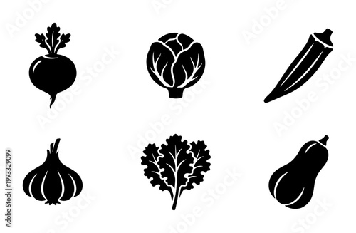 Minimalist black vegetable icon set, 6 flat vector illustrations of organic farm produce, healthy food silhouettes for grocery and menu design