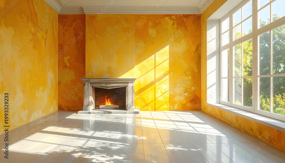 Naklejka premium Sunlit room with vibrant orange walls, large windows, and lit fireplace, casting shadows on floor