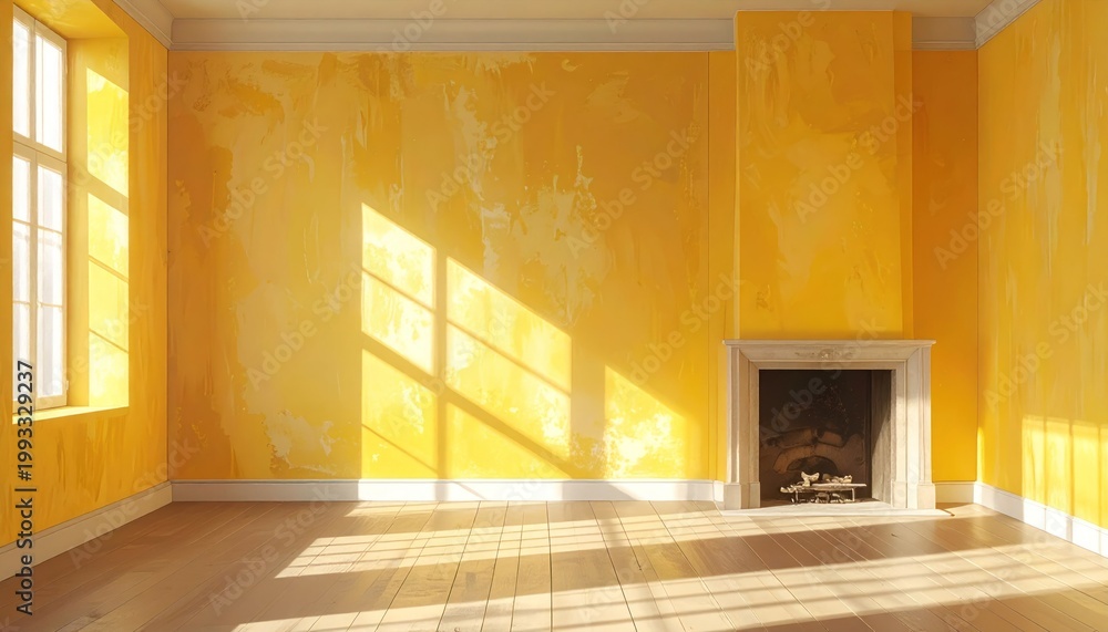 Naklejka premium Sunlit room with vibrant yellow walls, wooden floor, large windows, and a fireplace casting shadows