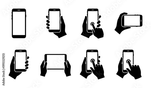 Minimalist smartphone hand gestures icon set, black silhouette mobile phone touch screen symbols, 8 vector elements for app interface design