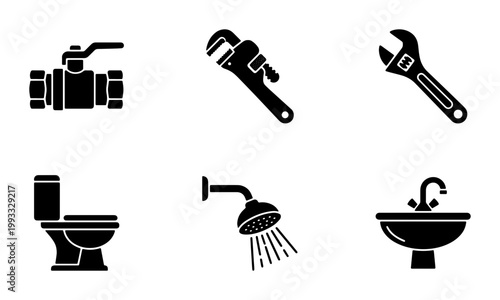Plumbing service icon set, black solid vector symbols for bathroom repair and maintenance, professional plumber tools and sanitary equipment collection