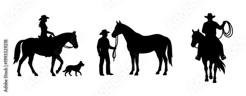 Cowboy silhouette vector set, western rancher riding horse with dog, equestrian life and rodeo horseman with lasso, black farm animal icons