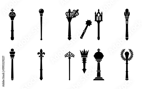 Foto Medieval royal scepter silhouette icons, set of 11 monarch regalia vector elemen