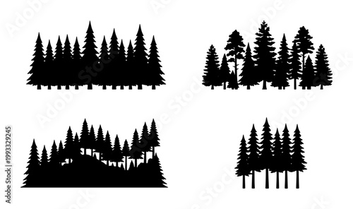 Pine forest silhouette collection, black evergreen tree line vector set, coniferous woodland landscape elements for outdoor adventure design