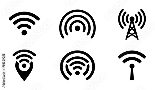 Wireless wifi signal icon set, black radio wave symbols and telecommunication tower vectors, 6 network connection elements for web and mobile UI