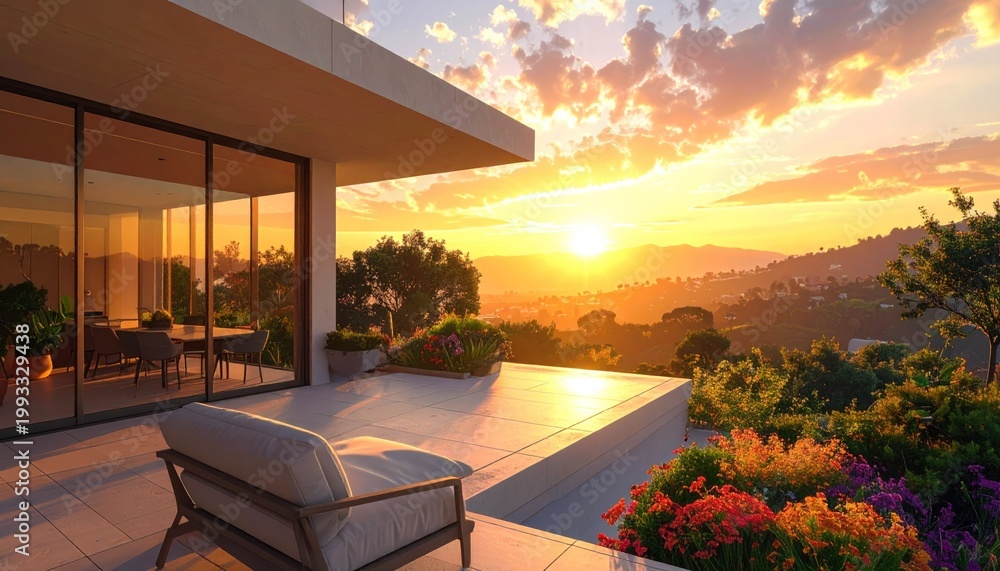Fototapeta premium Modern patio with seating overlooking a vibrant sunset and lush garden. Glass walls reflect vivid sky