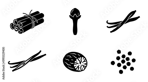 Aromatic spice icons set with cinnamon sticks and vanilla beans. Black and white culinary herb vector illustrations. Nutmeg, cloves, and peppercorn symbols.
