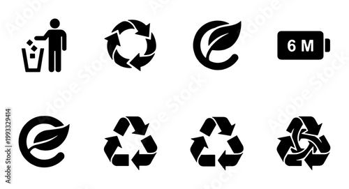 Recycling symbols and eco friendly icons set, black minimalist waste management signs, 8 sustainable packaging vector elements for product labeling
