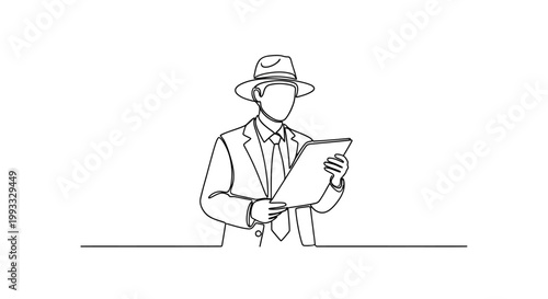 Man in Hat Reading Document, Detective, Investigator, Single Line Art
