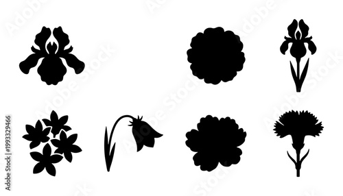 Foto Black flower silhouettes collection, set of 7 botanical floral icons, minimalist